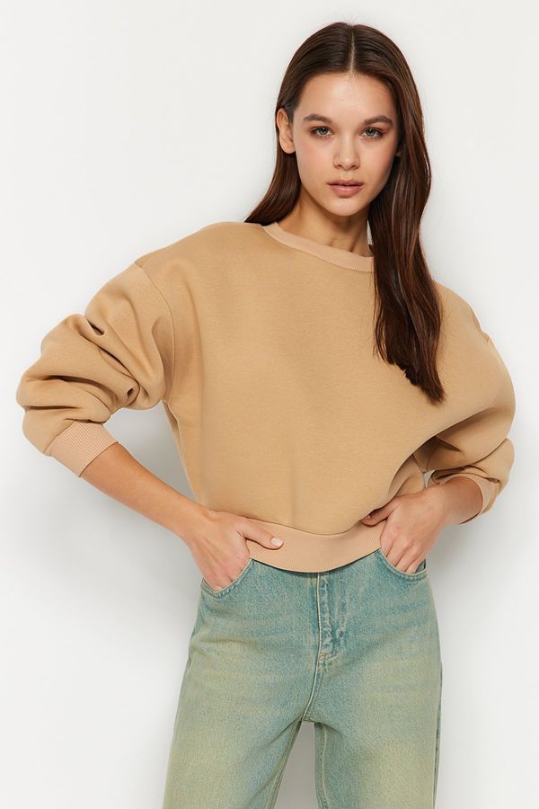 Trendyol Trendyol Beige Comfort Fit Crop Basic Crew Neck Fleece Inside Knitted Sweatshirt