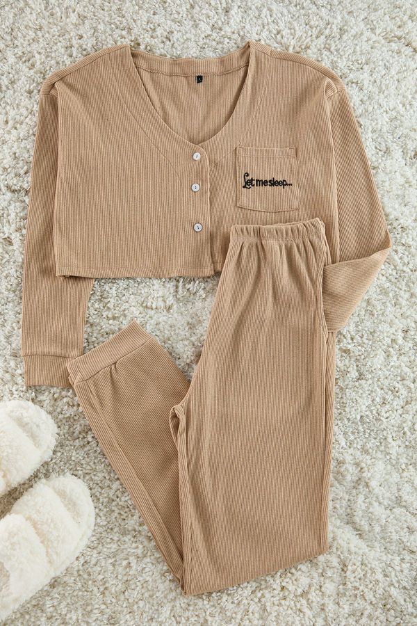 Trendyol Trendyol Beige Corded Cotton Embroidered Knitted Pajama Set