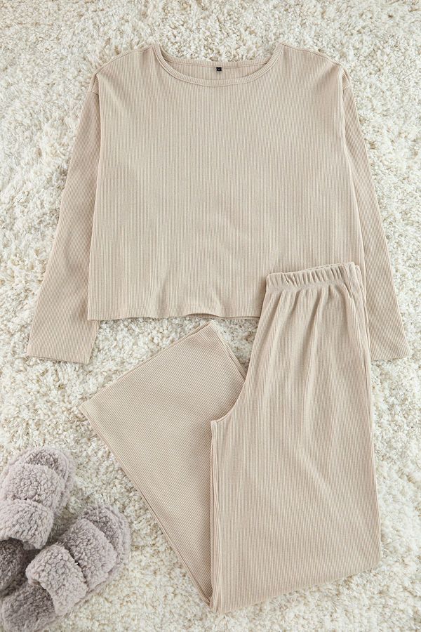 Trendyol Trendyol Beige Corded Cotton Tshirt-Pants Knitted Pajama Set