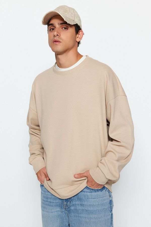 Trendyol Trendyol Beige Crew Neck Oversize/Wide Cut Soft Brushed Thessaloniki Sweatshirt