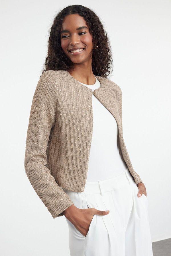 Trendyol Trendyol Beige Crop Lined Sequin Detailed Jacket-Look Knitwear Cardigan