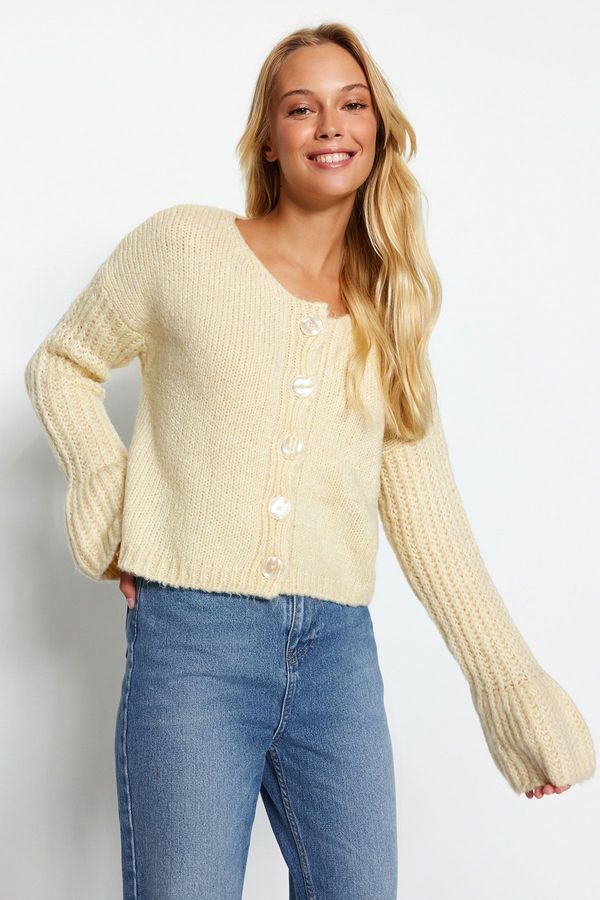 Trendyol Trendyol Beige Crop V Neck Sleeve Detail Knitwear Cardigan