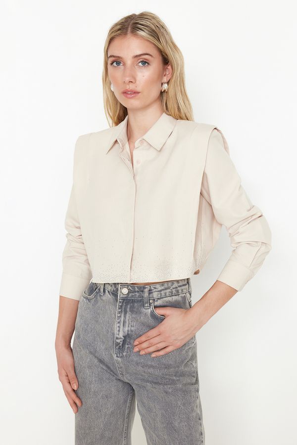 Trendyol Trendyol Beige Crop Woven Shirt with Wadding Sleeves and Stones