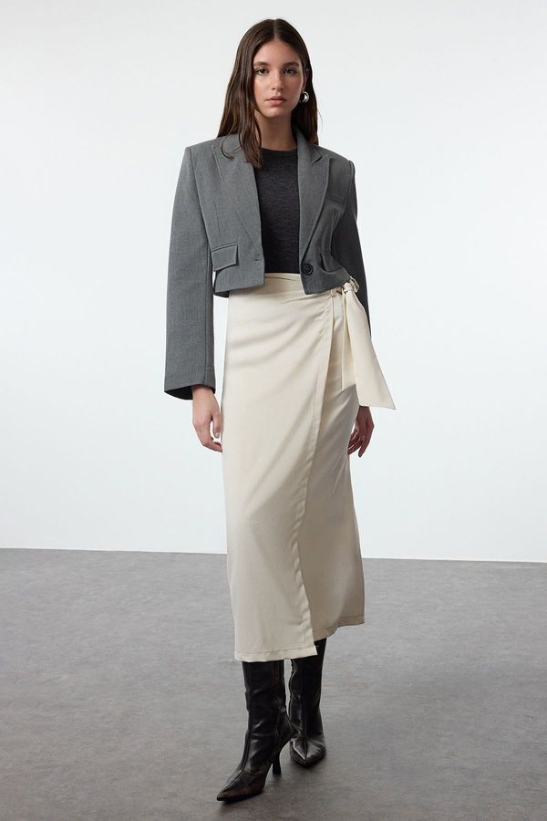 Trendyol Trendyol Beige Double Breasted Tie Detailed Linen Look Woven Skirt