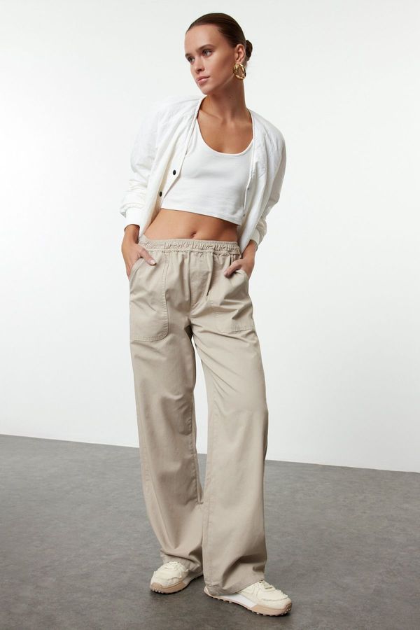 Trendyol Trendyol Beige Elastic Waist High Waist Wide Leg Trousers