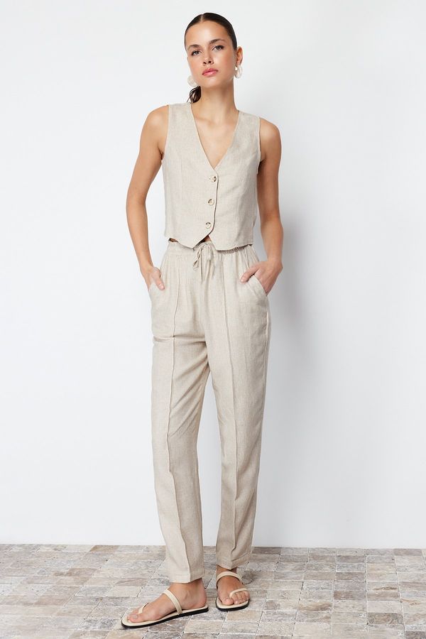 Trendyol Trendyol Beige Elastic Waist Straight/Straight Cut Cotton Linen Woven Trousers