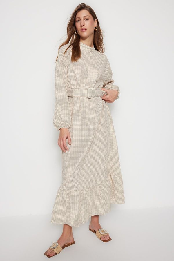 Trendyol Trendyol Beige Fabric Covered Belted Seersucker Woven Dress