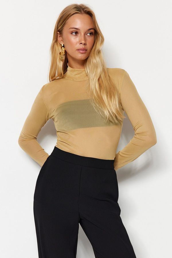 Trendyol Trendyol Beige Fitted High Neck Tulle Knitted Blouse