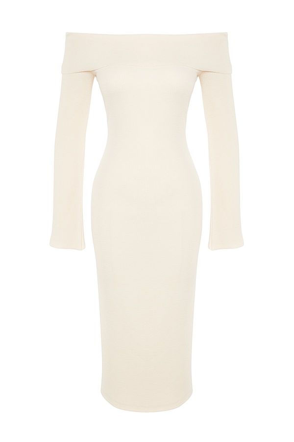 Trendyol Trendyol Beige Fitted/Sleeping Carmen Collar Corduroy Soft-Textured Midi, Stretch Knit Dress