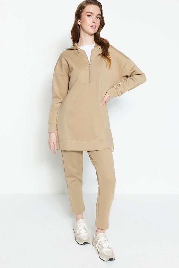 Trendyol Trendyol Beige Front Zippered Soft Textured Scuba Oversize Knitted Tracksuit