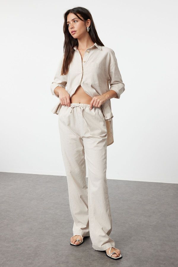 Trendyol Trendyol Beige Linen Blend High Waist Striped Wide Leg Trousers