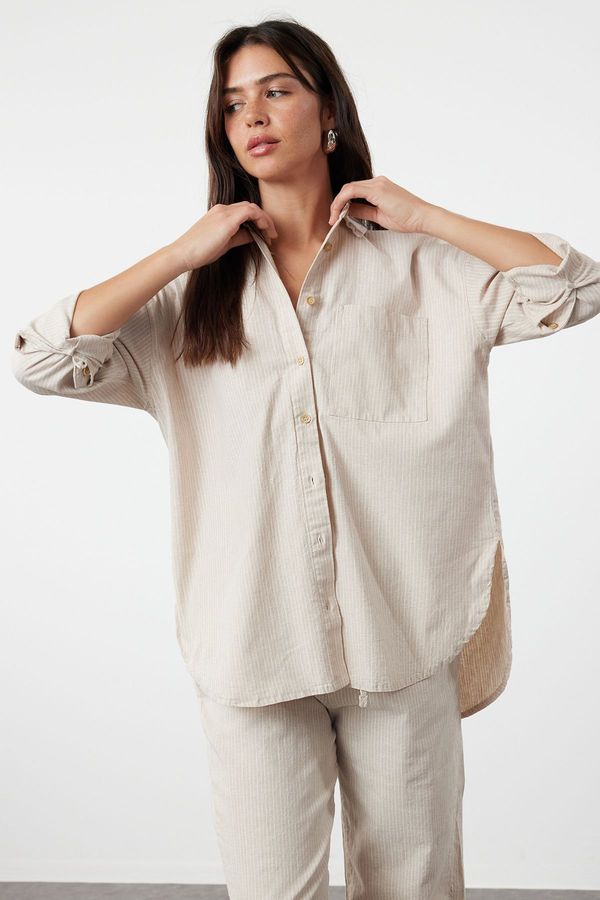 Trendyol Trendyol Beige Linen Blend Oversize Striped Shirt