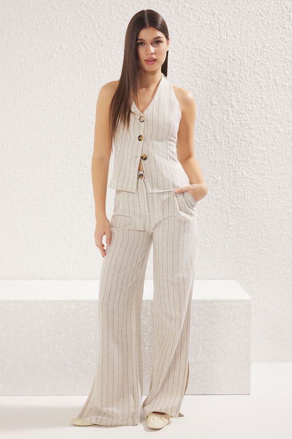 Trendyol Trendyol Beige Linen Blend Striped Back Open Vest & Wide Leg Trousers Woven Bottom-Top Set