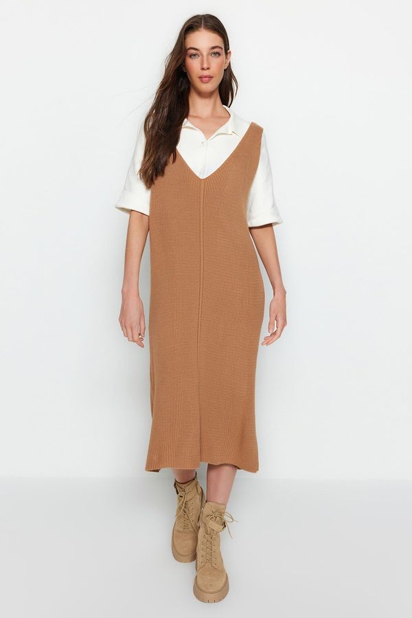 Trendyol Trendyol Beige Maxi Knitwear V Neck Dress