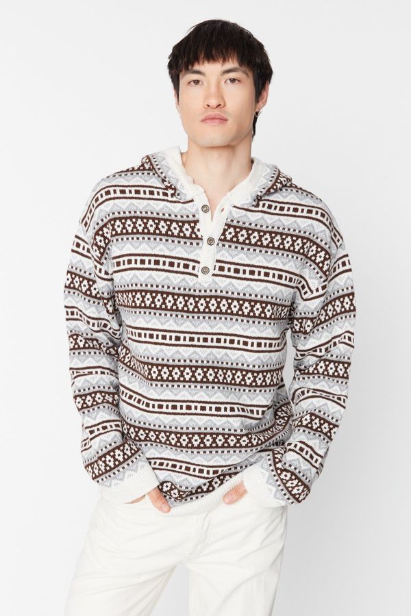 Trendyol Trendyol Beige Men's Oversize Fit Wide Fit Hooded Jacquard-Knitwear Sweater.