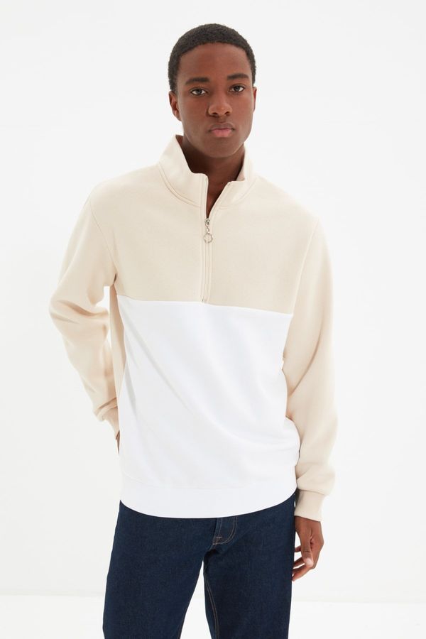 Trendyol Trendyol Beige Men's Regular/Regular Cut Standing Collar Color Block Color Block Zippered Inner Soft Pile Cotton Sweatshirt.