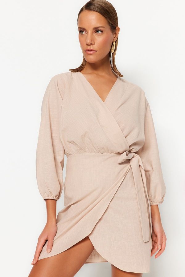 Trendyol Trendyol Beige Mini Woven Double Breasted 100% Cotton Beach Dress