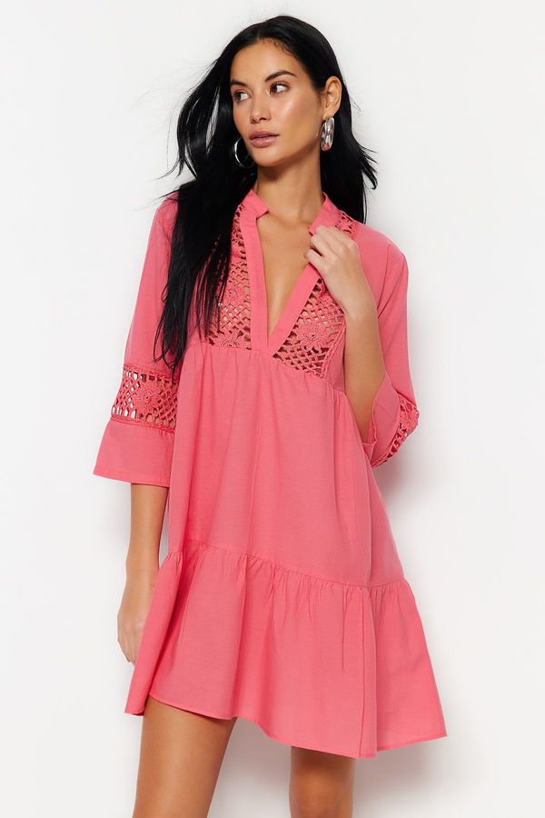 Trendyol Trendyol Beige Mini Woven Lace Detailed 100% Cotton Beach Dress