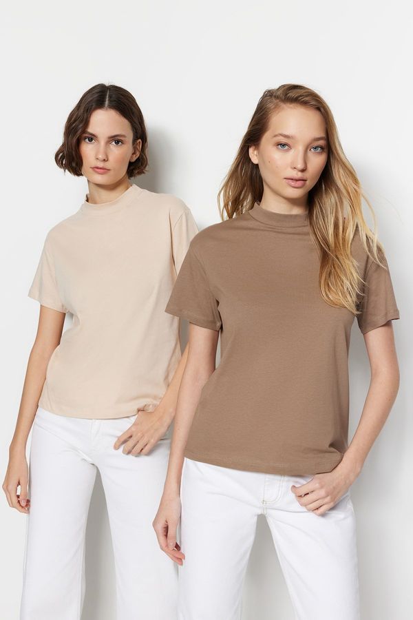 Trendyol Trendyol Beige-Mink 2-Pack 100% Cotton Basic Stand Up Collar Knitted T-Shirt