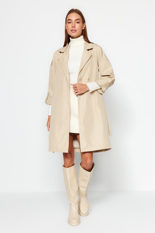 Trendyol Trendyol Beige Oversize Belted Water Repellent Long Trench Coat