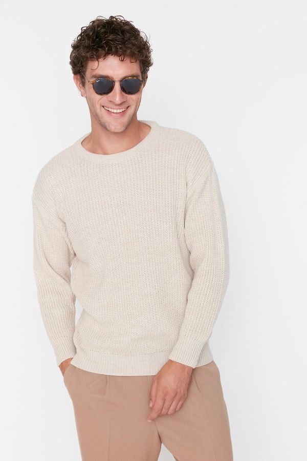 Trendyol Trendyol Beige Oversize Fit Wide Fit Crew Neck Basic Knitwear Sweater