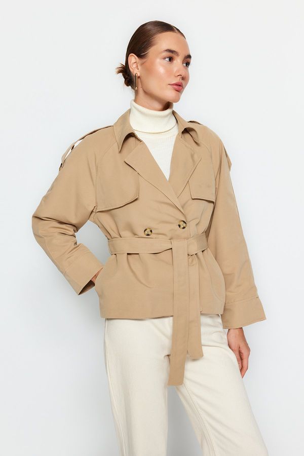 Trendyol Trendyol Beige Oversize Wide Cut Belted Trench Coat