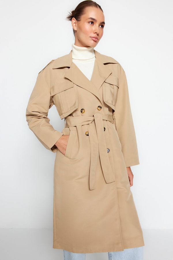 Trendyol Trendyol Beige Oversize Wide Cut Belted Water Repellent Trench Coat