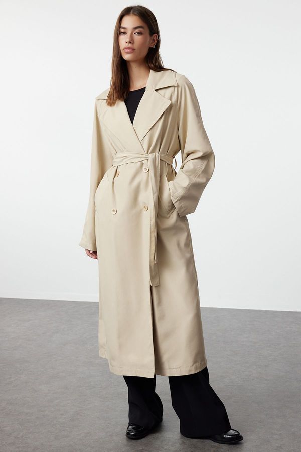 Trendyol Trendyol Beige Oversize Wide Cut Chiffon Detail Pleated Trench Coat