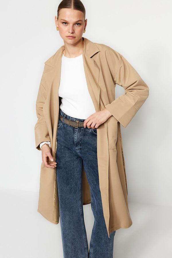 Trendyol Trendyol Beige Oversize Wide Cut Trench Coat with a Belt, Detailed Sleeves and Pockets, Water-repellent Long Trench Coat