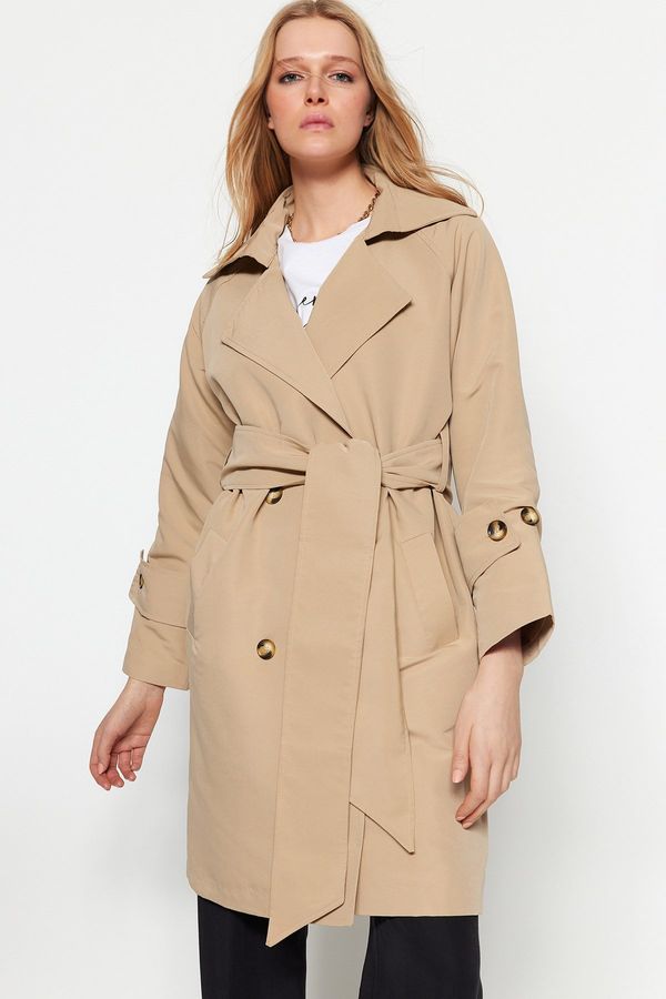 Trendyol Trendyol Beige Oversized Wide Collar and Belt Detailed Trench Coat