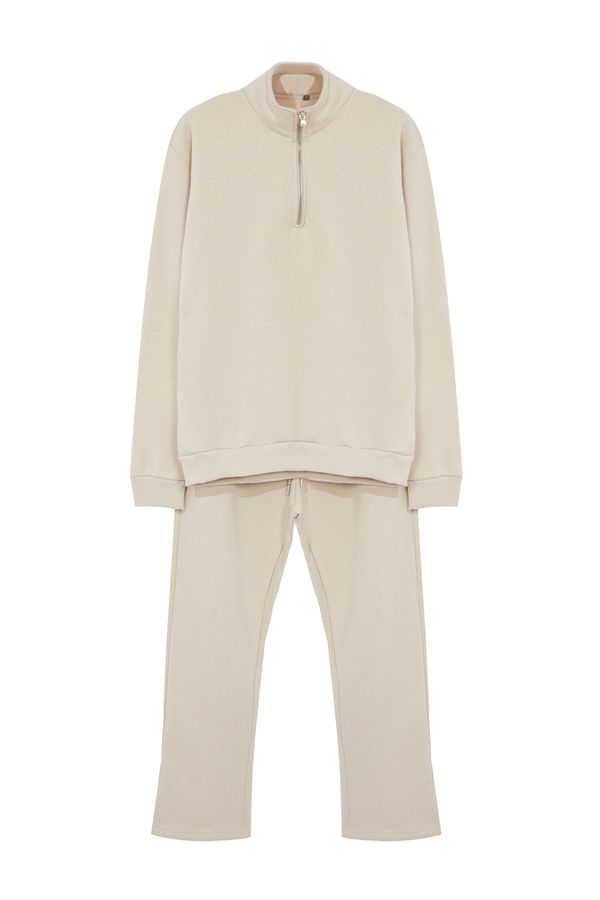 Trendyol Trendyol Beige Oversize/Wide Cut High Collar Zippered Basic Tracksuit Set