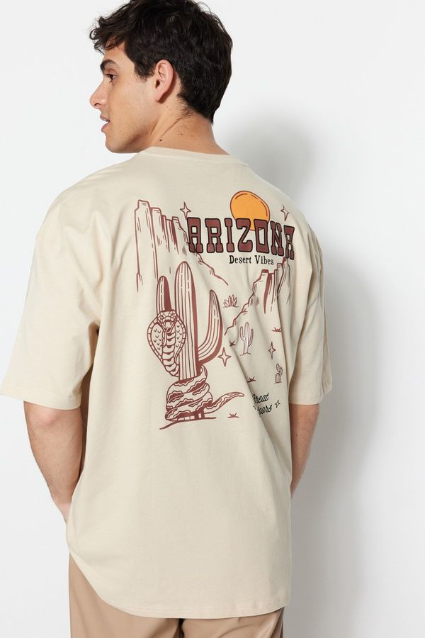 Trendyol Trendyol Beige Oversize/Wide Cut Tropical Arizona City Printed 100% Cotton T-Shirt