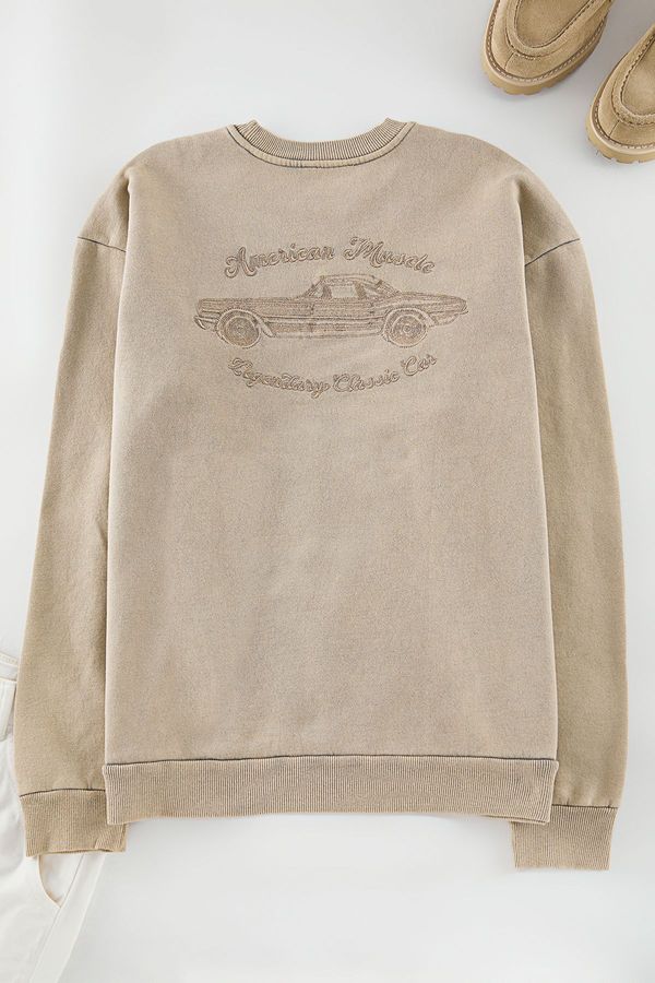 Trendyol Trendyol Beige Oversize/Wide Cut Vintage/Faded Effect Embroidered Sweatshirt