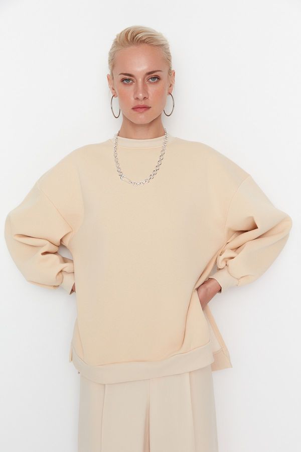 Trendyol Trendyol Beige Oversize/Wide Fit With Slit Detail, Fleece Inside Knitted Sweatshirt
