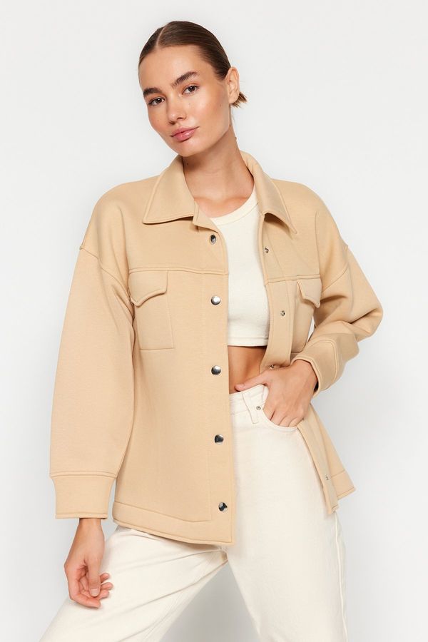 Trendyol Trendyol Beige Oversize/Wide-Frame Polo Collar with Pockets and Buttons, Fleece Inner Knitted Jacket