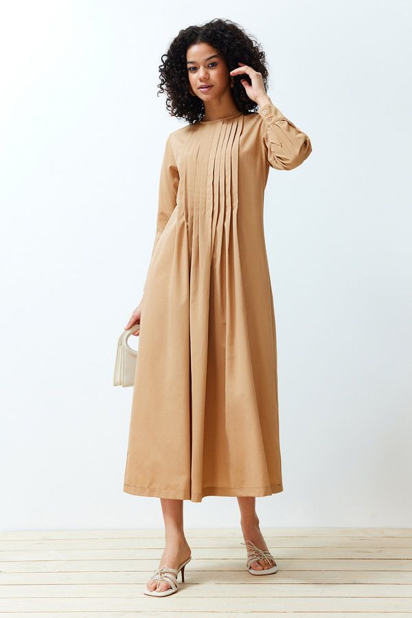 Trendyol Trendyol Beige Pleated Detailed Comfort Woven Dress