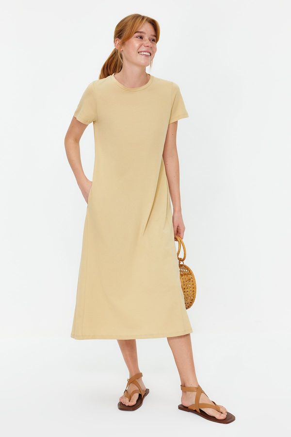 Trendyol Trendyol Beige Pocketed Crew Neck A-Line Knitted Midi Dress