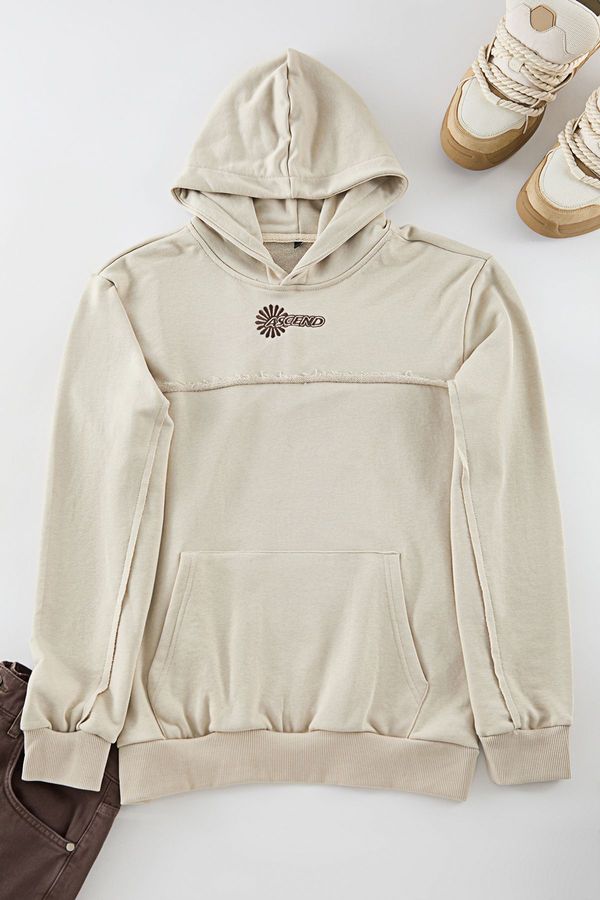 Trendyol Trendyol Beige Premium Regular Cut Sweatshirt with Stitching Detail and Text Embroidery