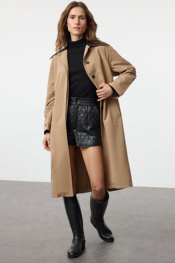 Trendyol Trendyol Beige Regular Belted Faux Leather Detailed Long Trench Coat