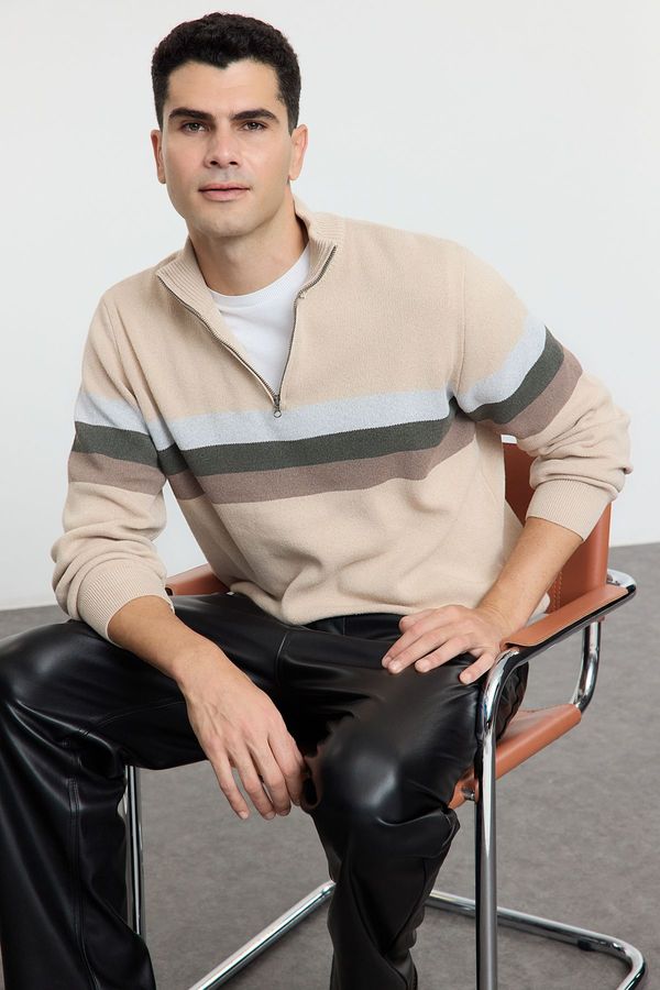Trendyol Trendyol Beige Regular Cotton Half Turtleneck Color Block Knitwear Sweater