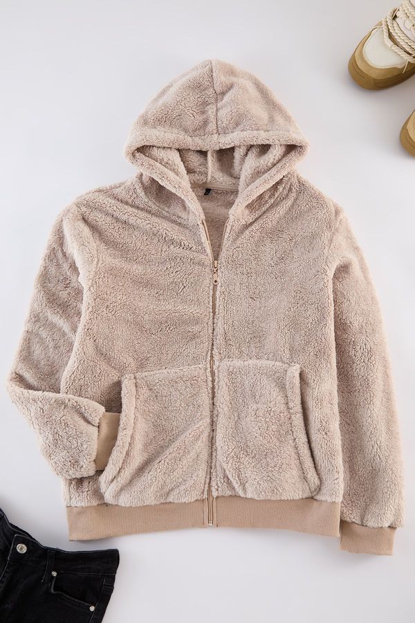 Trendyol Trendyol Beige Regular/Normal Cut Full Zipper Pocket Polar Fleece Thick Sweatshirt-Cardigan