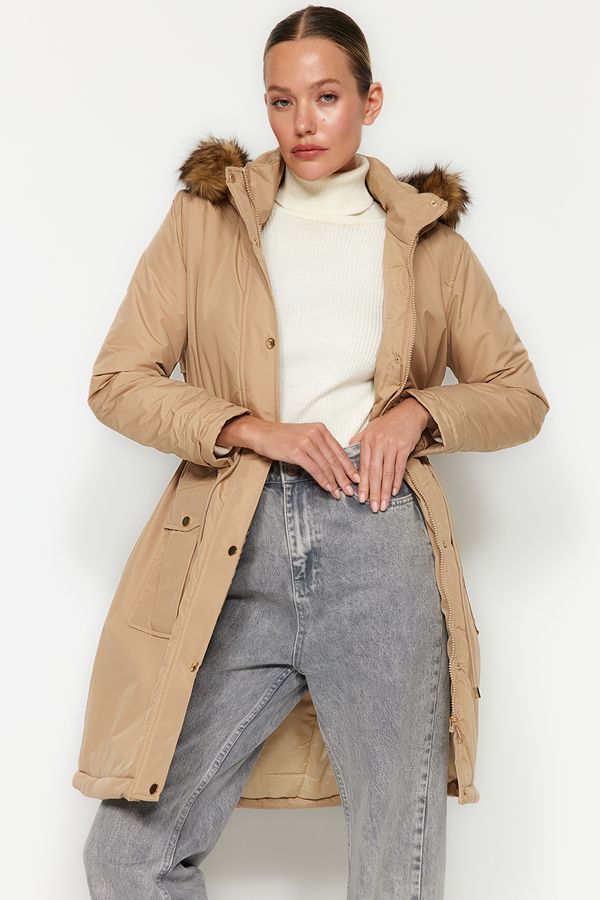 Trendyol Trendyol Beige Shearling Hooded Water-Repellent Long Parka Coat