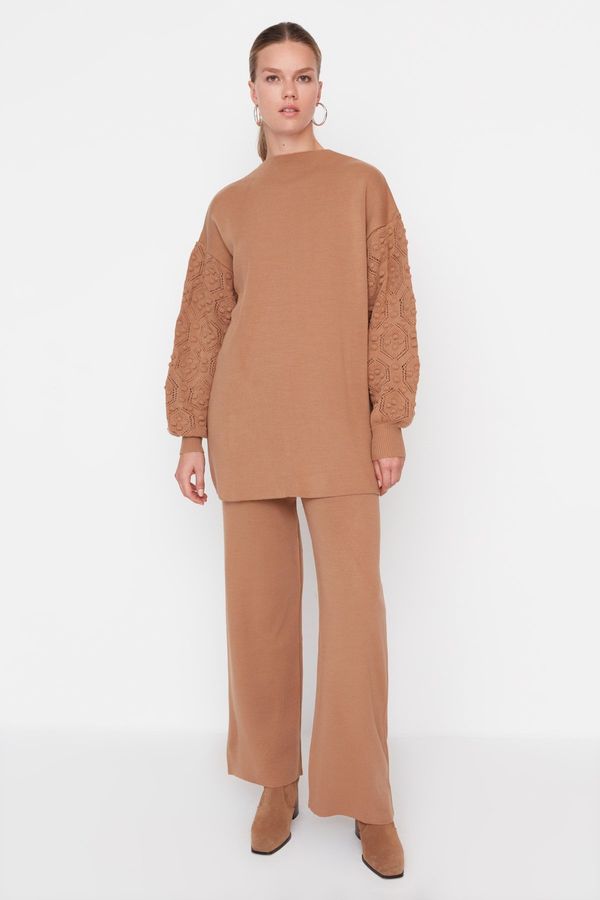 Trendyol Trendyol Beige Sleeves With Openwork Braided Sweater-Pants Knitwear Suit