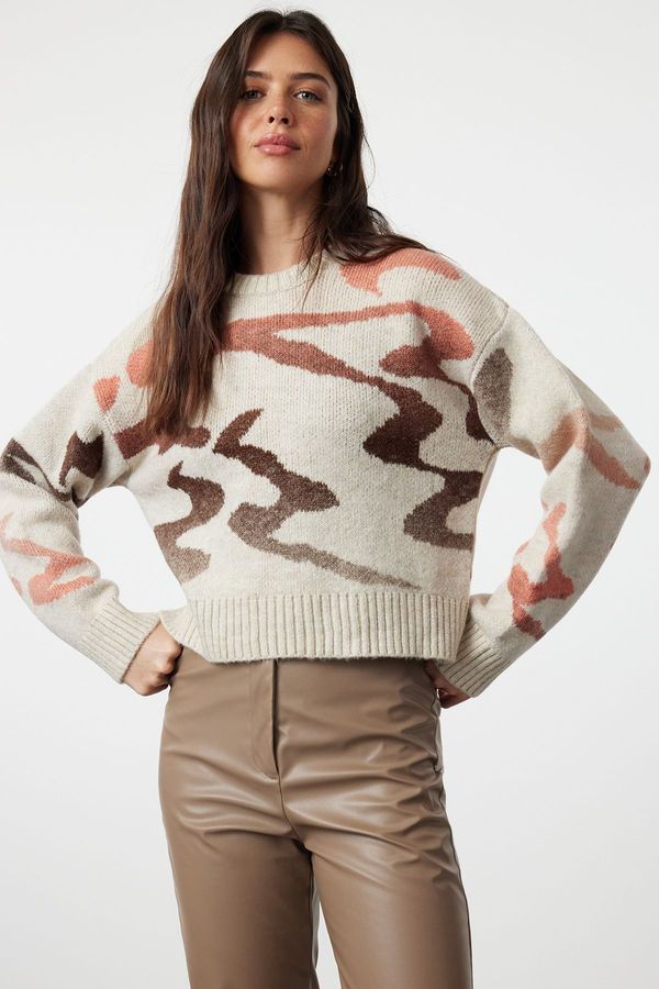 Trendyol Trendyol Beige Soft Texture Abstract Patterned Knitwear Sweater