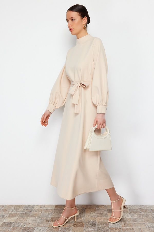 Trendyol Trendyol Beige Stand Collar Belt Detailed Woven Dress