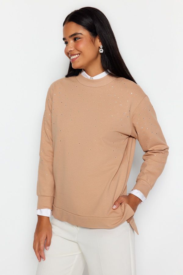 Trendyol Trendyol Beige Stoned Knitted Tunic with Slits on the Sides