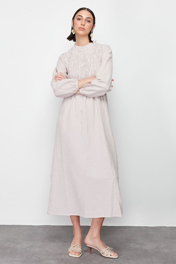 Trendyol Trendyol Beige Striped Gipe Detailed Woven Dress