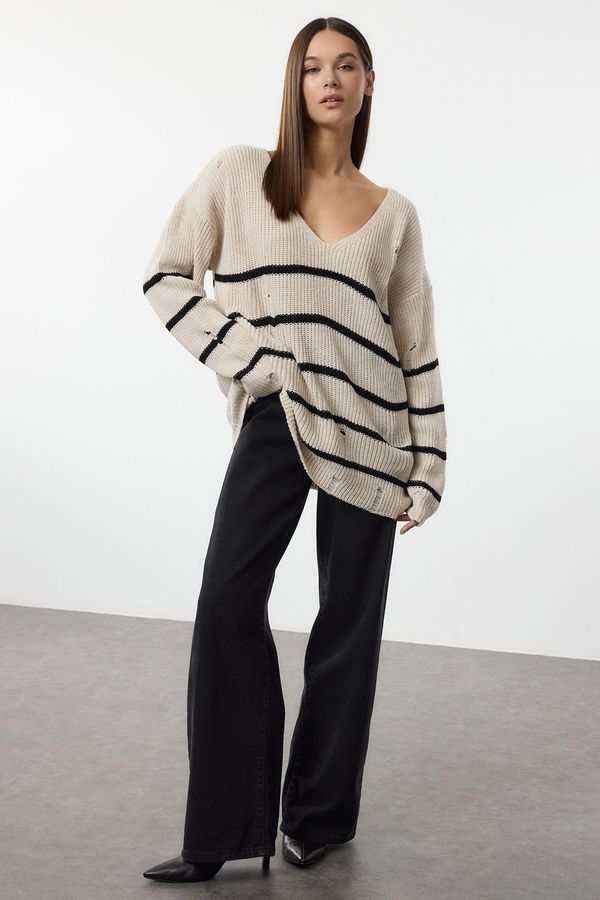 Trendyol Trendyol Beige Striped Openwork Knitted Sweater