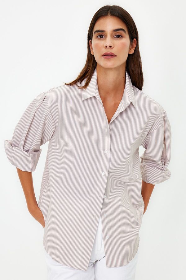 Trendyol Trendyol Beige Striped Wide Cut Woven Shirt