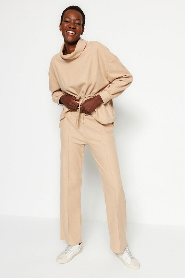 Trendyol Trendyol Beige Thessaloniki Fabric Rib Detailed Wide Straight/Plain Knit Sweatpants with Pockets